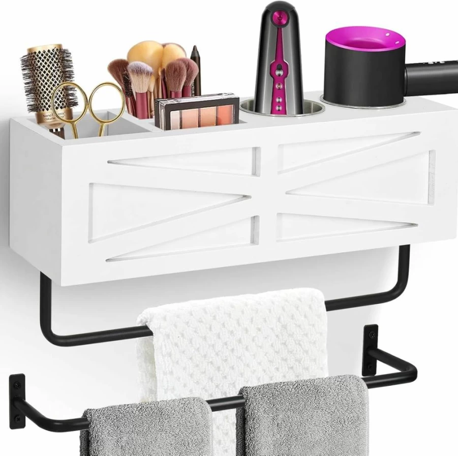 Y&ME YM Wall Mounted Hair Dryer Holder - Rustic Wooden Bathroom Organizer with 2 Towel Bars for Blow Dryer, Flat Iron, Curling Wand & Brushes, White Hot Tools Storage Solution