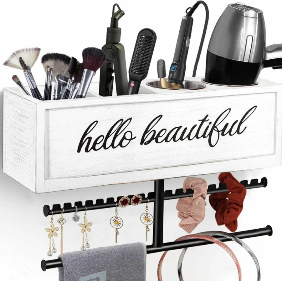 Ronjnndc Wall Mounted Hair Dryer Holder - Rustic Bathroom Organizer for Blow Dryer, Flat Iron, Curling Iron & Towel Storage, Hair Styling Tools Caddy