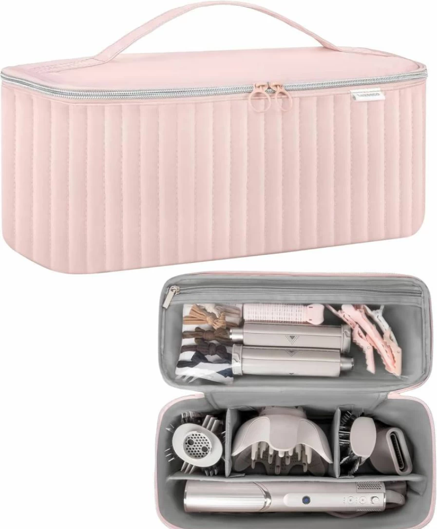 Lexeeco Travel Storage Bag for Hair Styling Tools - Compatible with Dyson Airwrap, Shark Flexstyle, Revlon Hair Dryer & Brushes, Portable Organizer Case (Camel)