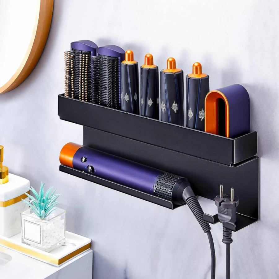 WAYASI 7-in-1 Wall Mounted Hair Tool Organizer - Blow Dryer Holder, Straightener & Curling Iron Storage for Bathroom, Black